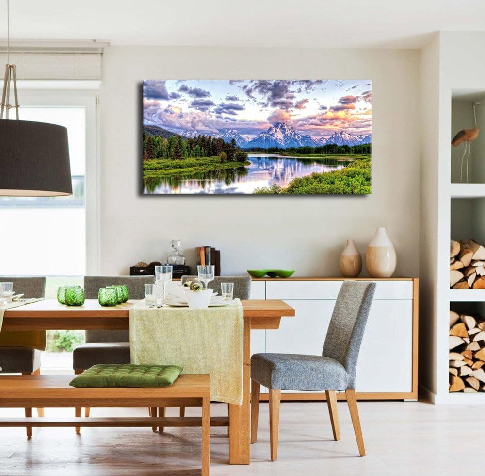 Landscape Canvas Wall Art Nature Picture Oxbow Bend Grand Teton National Park Modern Canvas Artwork River and Forest