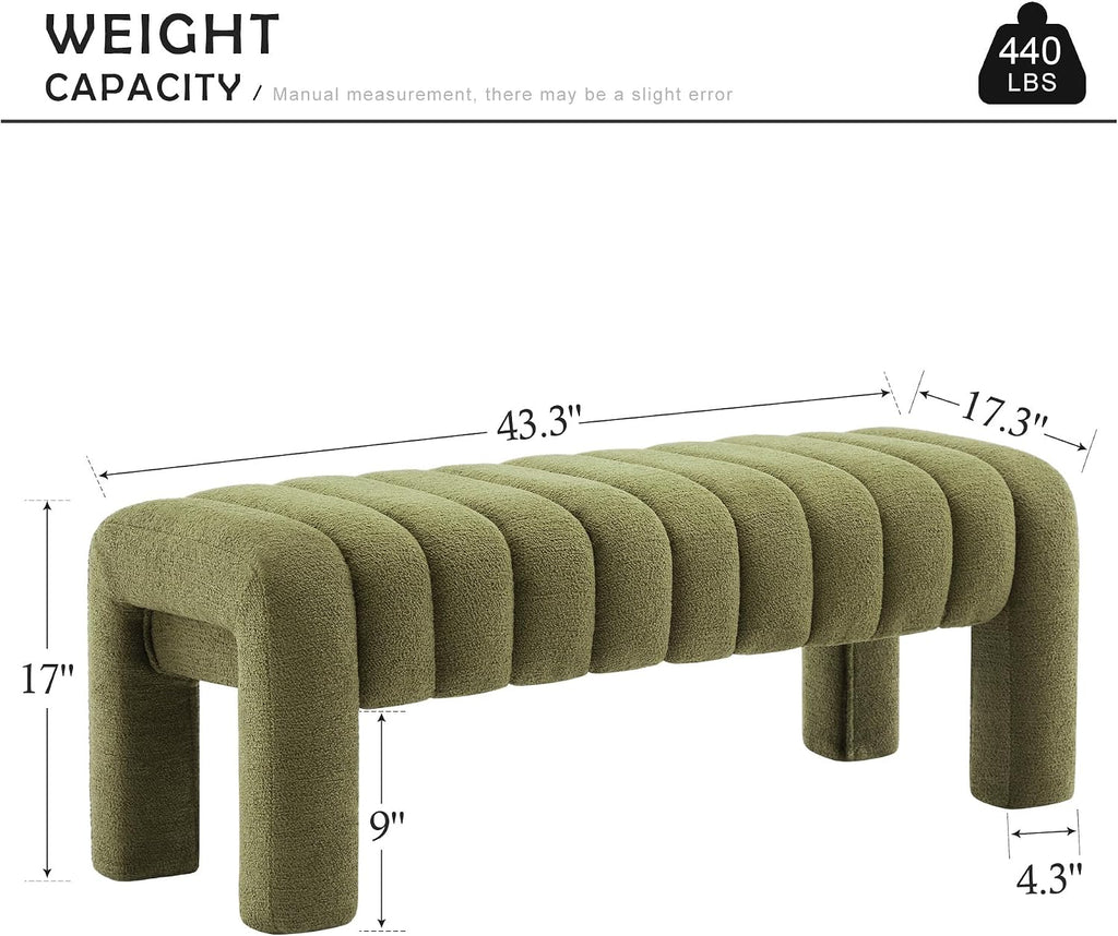 43.3" Dining Room Bench, Green Tufted Upholstered End of Bed Bench, Modern Entryway Ottoman Window Seat with Solid