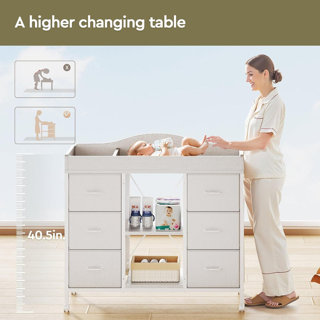 Changing Table, 6-Drawer Dresser, Adjustable Shelves, Mobile, White | Changing Table,Waterproof Diaper pad & Safety