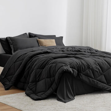 Queen Comforter Set Black, 7 Pieces Queen Bed in a Bag, All Season Bedding Sets with 1 Comforter, 1 Flat Sheet, 1 - Set of 7