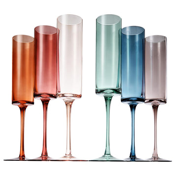 Colored Champagne Flute Stemmed Glasses | Set of 6 | 6oz Art Deco Stemmed Martini Muted Vintage Glasses for