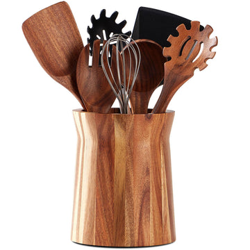 Wooden Utensil Holder for Countertop, 360° Rotating Kitchen Utensil Holder, 7.2"x 6" Large Acacia Wood Crock