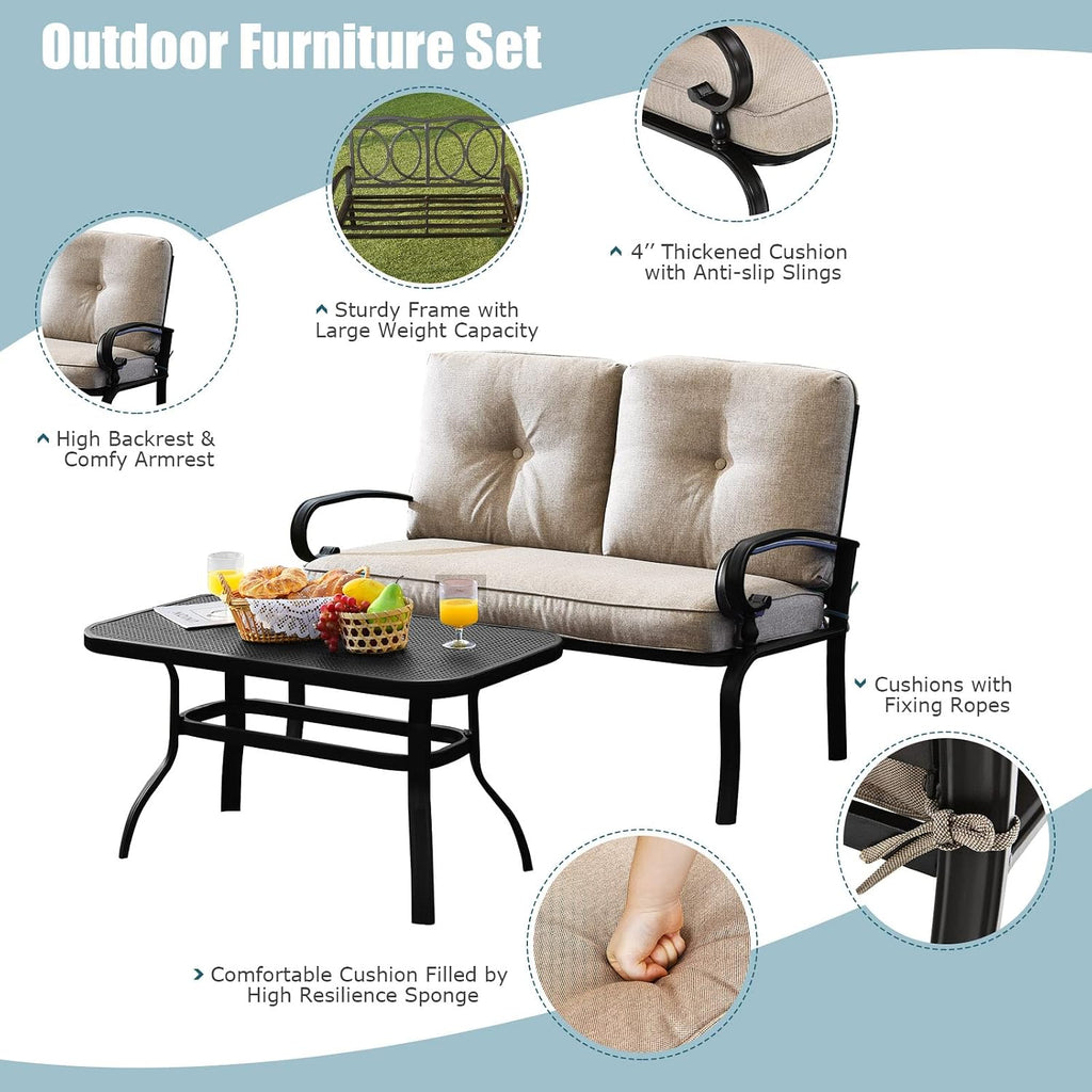 Patio Loveseat with Coffee Table - 2-Piece Patio Conversation Sofa Set w/Backrest & Cushions, Modern Outdoor Glider