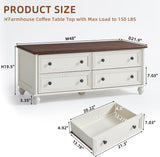 48" Farmhouse Coffee Table with Hidden Storage,Wooden Coffee Tables with 4 Drawers & Roman Column Handle,Rectangular