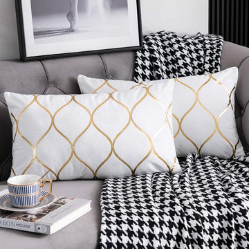 Gold Velvet Throw Pillow Covers Off White: 2 Pack 12x20 Inch Rectangular Decorative Pillow Cases Sofa Couch Living