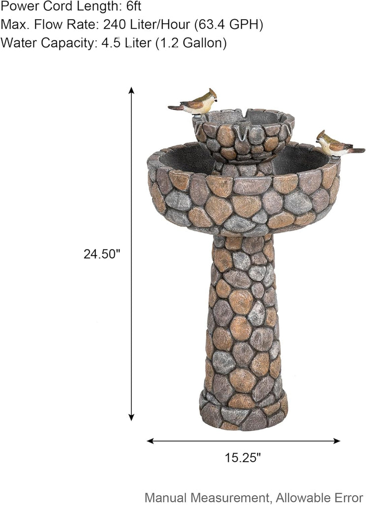 2-Tier Stone Like Outdoor Water Fountain with Birds, Bird Bath Outdoor Waterfall Fountain Decor, Freestanding Water