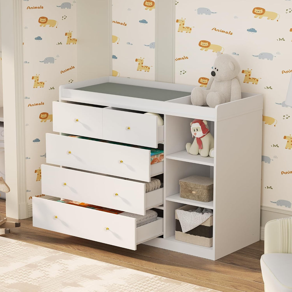 Baby Dresser Changing Table with 5 Drawers(47.2" W x 19.6" D x 36.2" H) | Waterproof Diaper Changing Station with 3