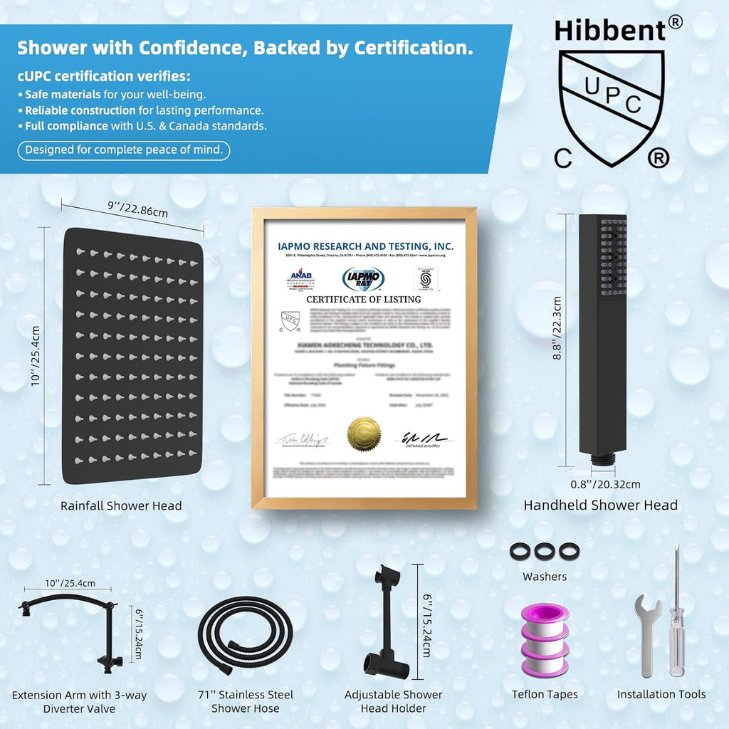 All Metal CUPC Certified 10'' Rainfall Shower Head, Dual Shower Head Combo