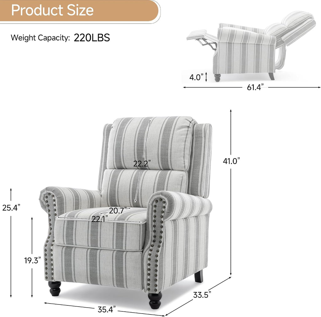 Pushback Recliner Chair, Modern Wingback Recliner, Stripe Gray | Upholstered Push Back Armchair | Comyf Fabric |