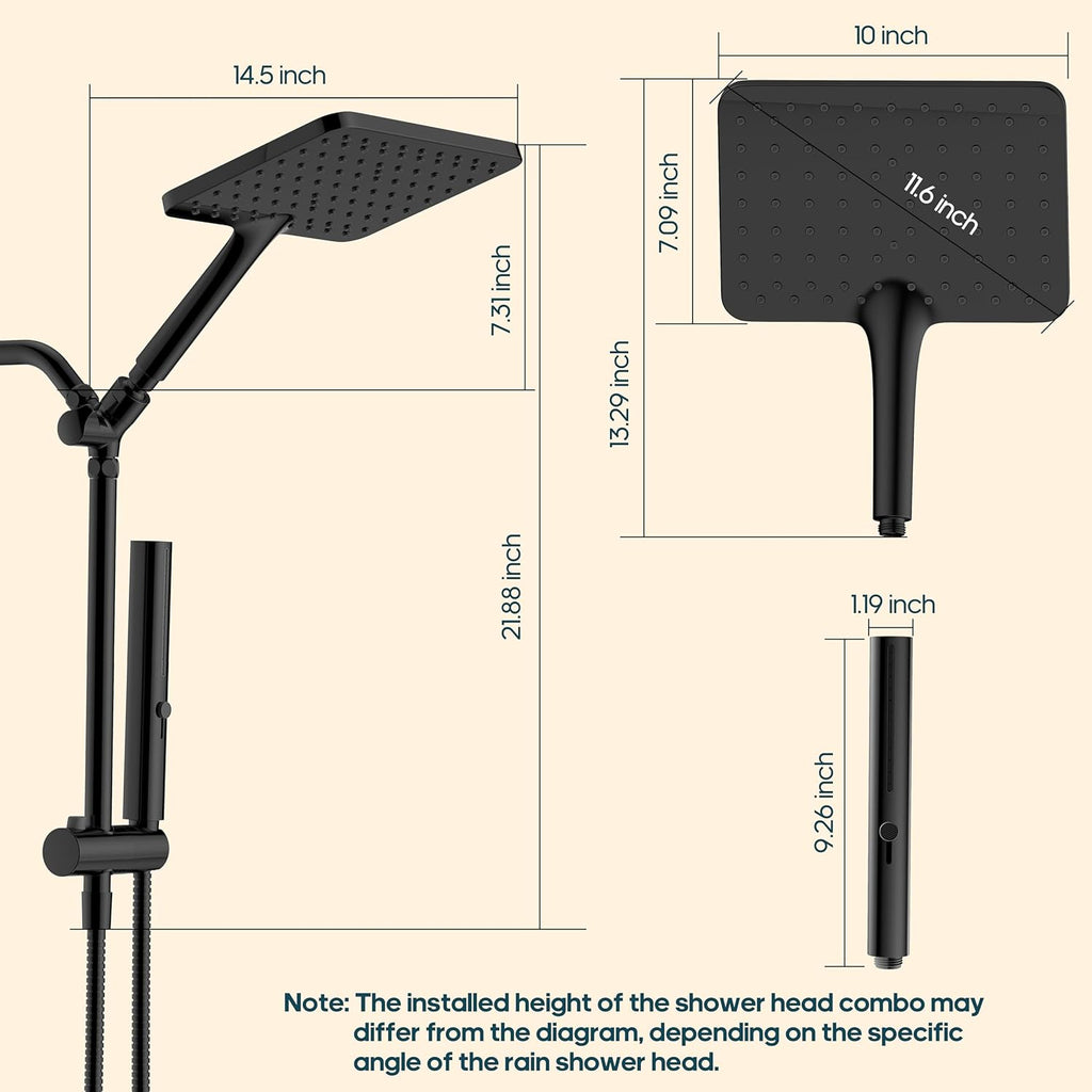 High Pressure Rain Shower Head with Handheld Combo, 10 Inch Square Rainfall Showerhead