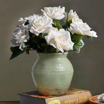 Ceramic Rustic Farmhouse Vase, Green Distressed Flower Vase