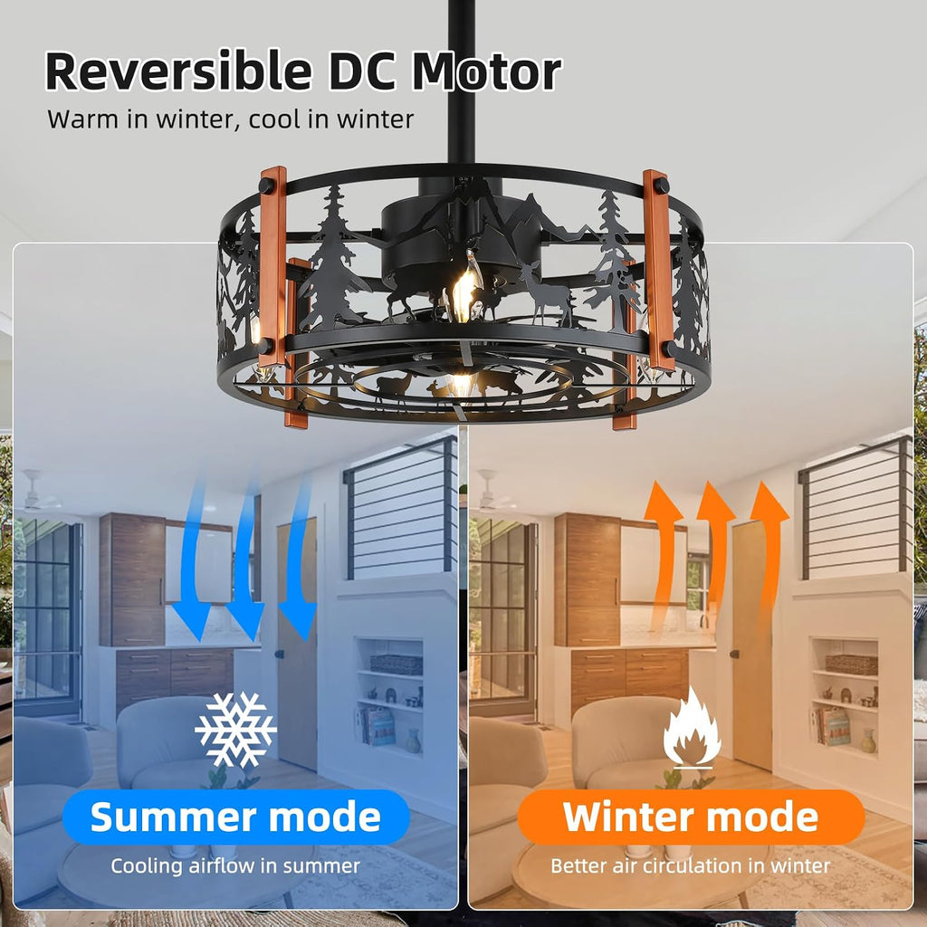 19 inch Caged Ceiling Fans with Lights - Black Farmhouse Ceiling Fan Light with 6 Speeds, Reversible Silent Motor