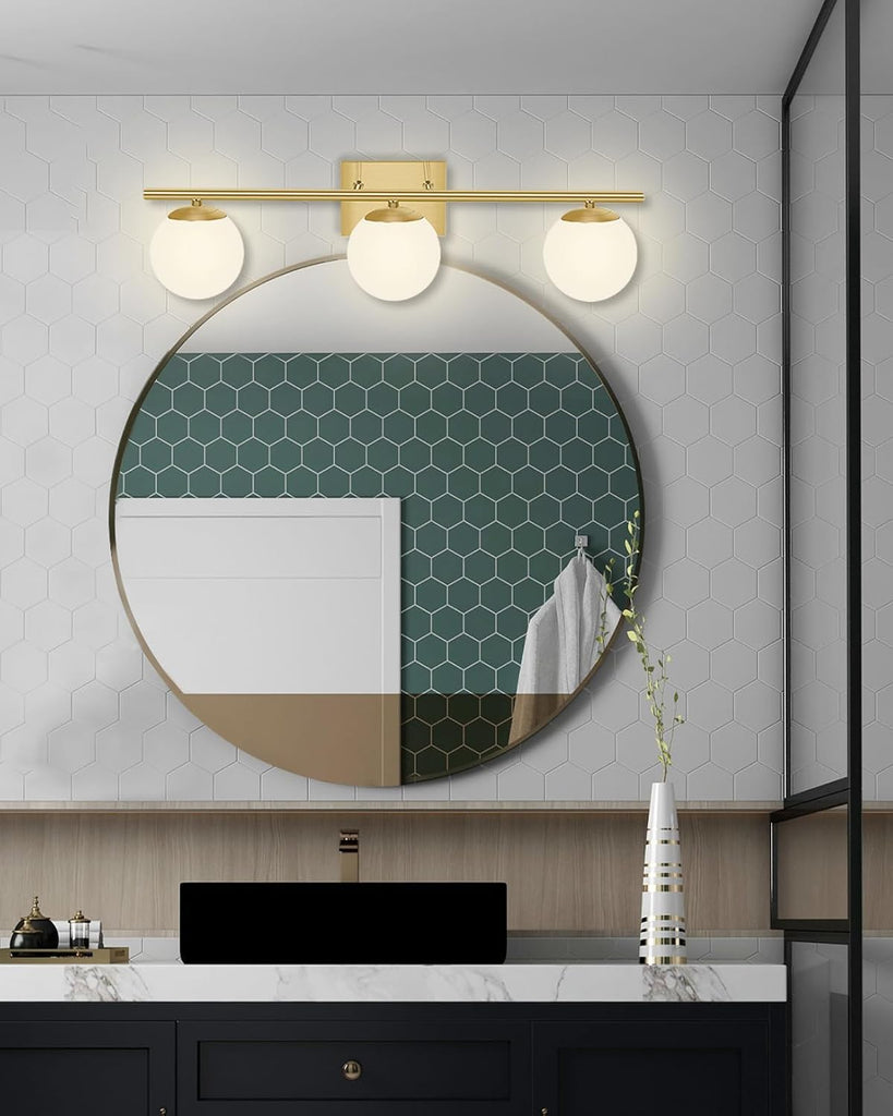 Brushed Brass Bathroom Vanity Light fixtures,24'' 3 Lights Modern Globe Glass Shade Wall Sconce for Over Mirror, Damp