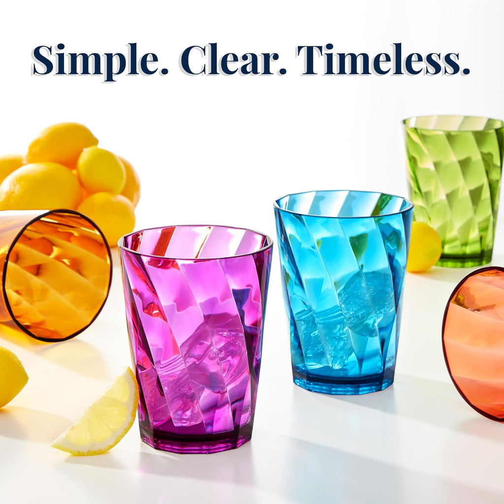 Optix Plastic Reusable Drinking Glasses (Set of 8) 14oz Rocks Cups in Jewel Tone Colors | BPA-Free Tumblers, Made in