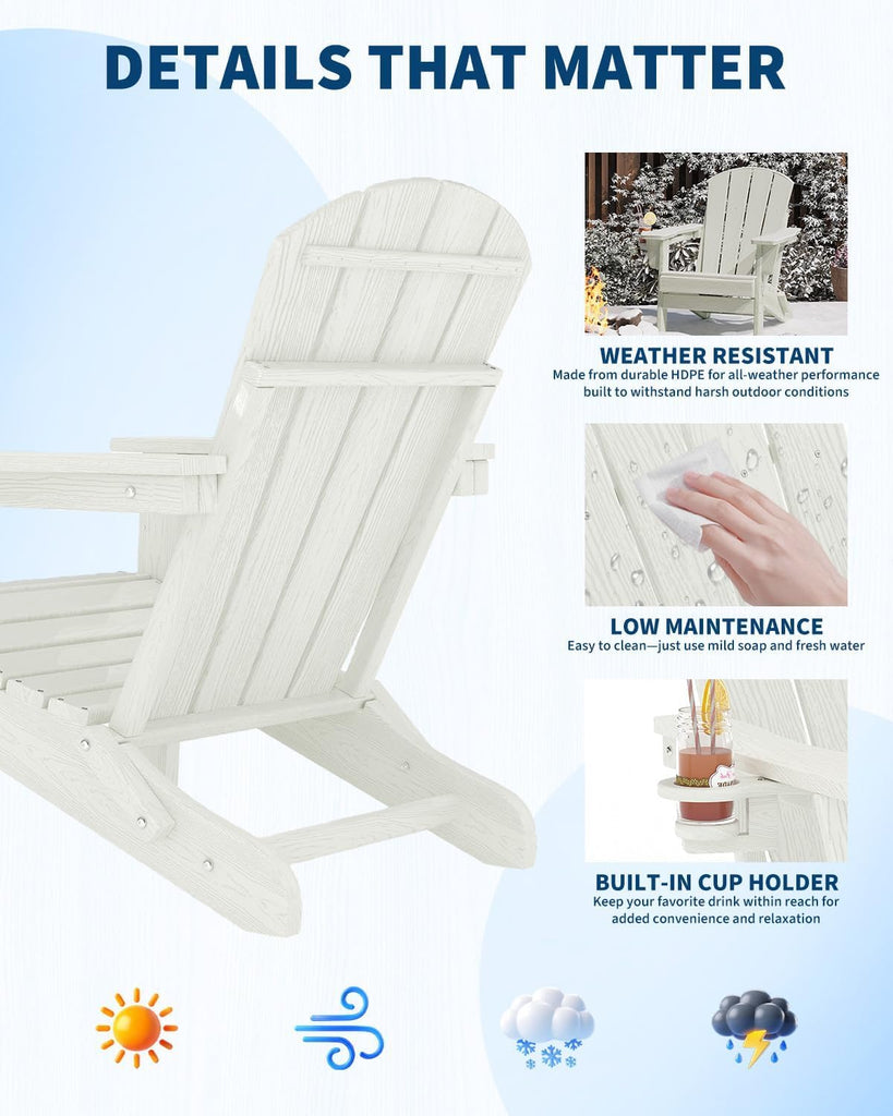 Folding Adirondack Chair, Weather Resistant HDPE Outdoor Patio Chair with Wood Grain Texture, Collapsible Durable &