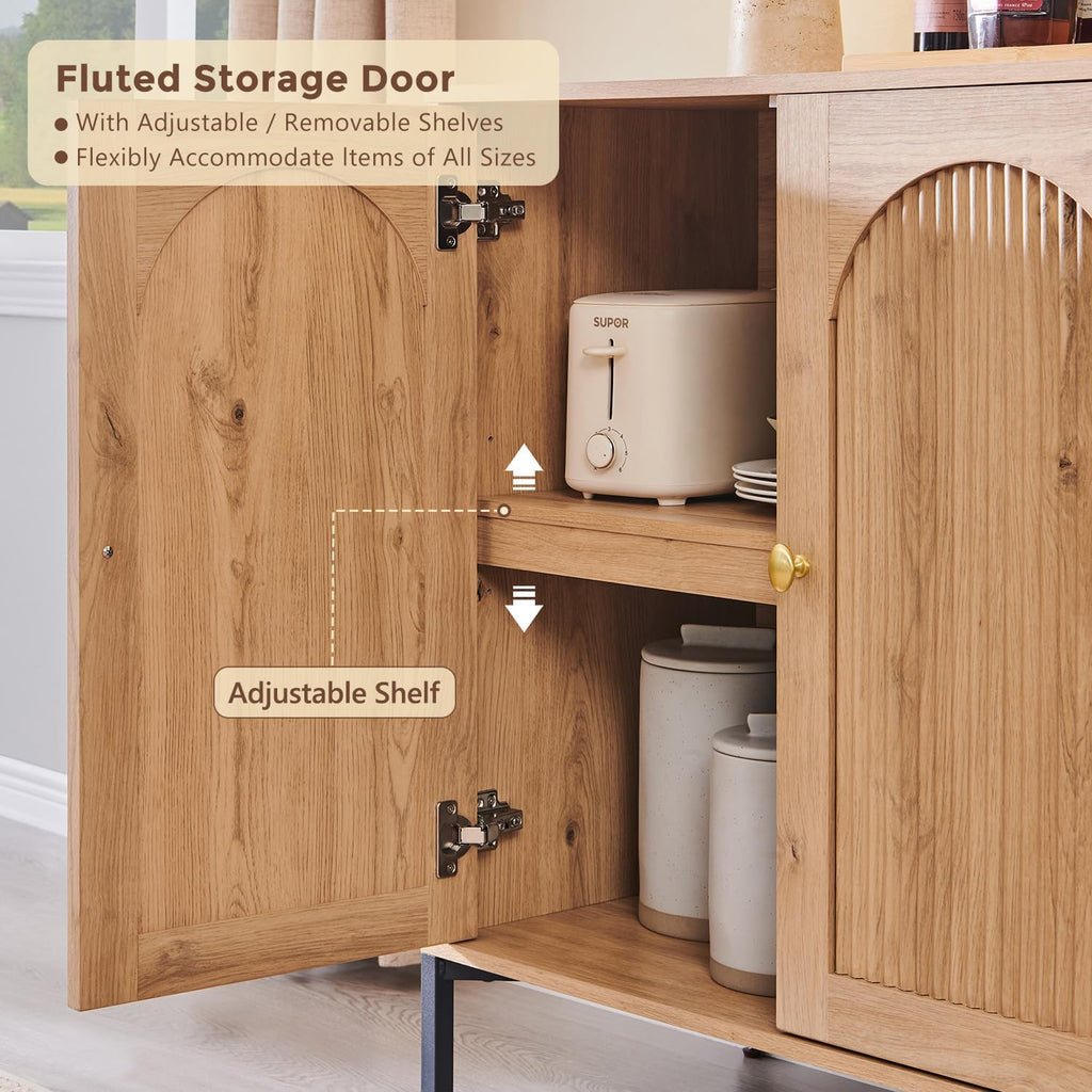 Modern Buffet Cabinet with Storage, 92.63" W Fluted Arched Sideboard Cabinet w/Adjustable Shelves