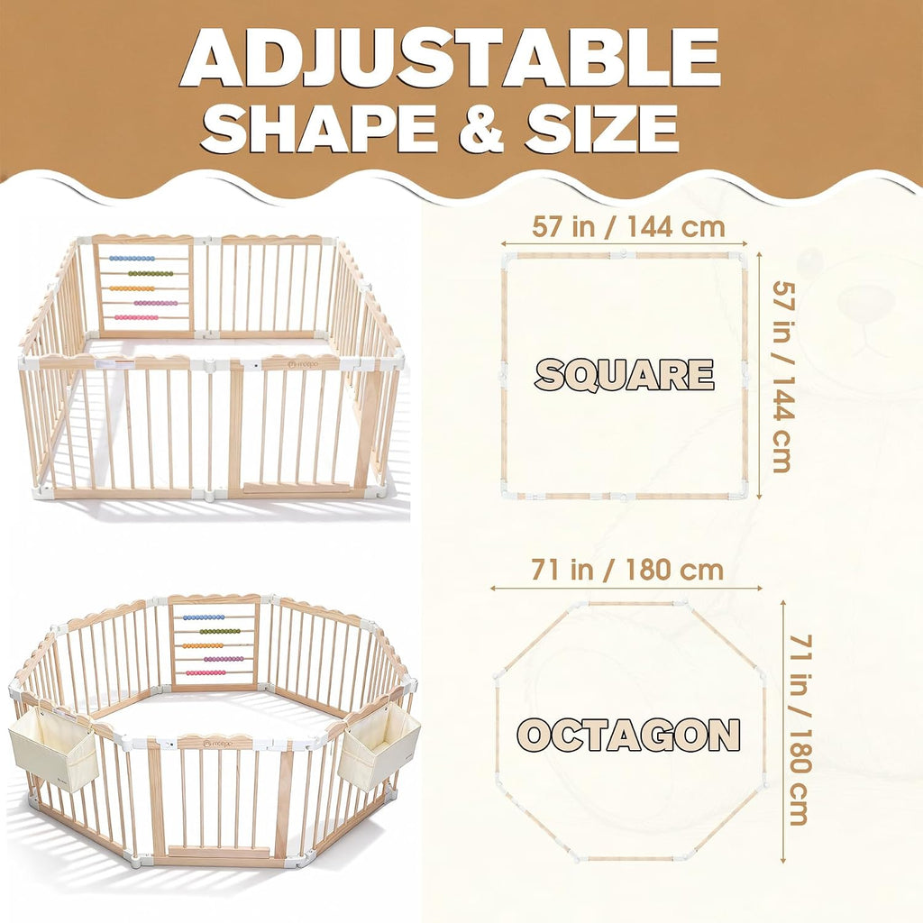 Foldable Wooden Baby Playpen, Adjustable Play Yard, 57x57x25in - Set of 2