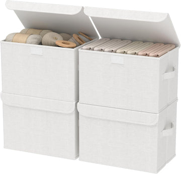 Bin with Lid, Closet Boxes, 4 Pack, White, 10.2x7.9x6.7 In | Fabric Clothing Basket with Cover, Collapsible Stackable