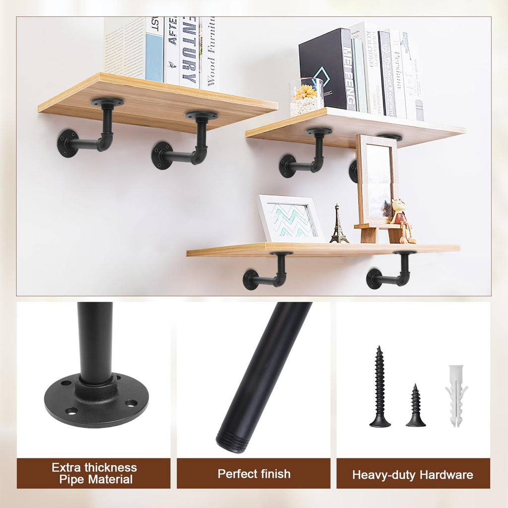 Industrial Pipe Shelf Brackets, 4 Pack Iron L-Shaped Shelving Brackets for 7-14 inches Board, Heavy Duty Metal