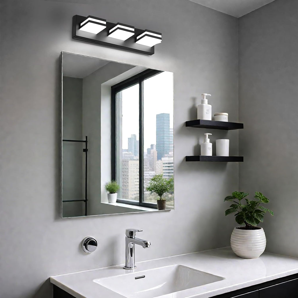 LED Modern Bathroom Lights Fixtures(3-Light,Dimmable,360°Rotate),Matte Black Acrylic Wall Lighting,Vanity Lights Over