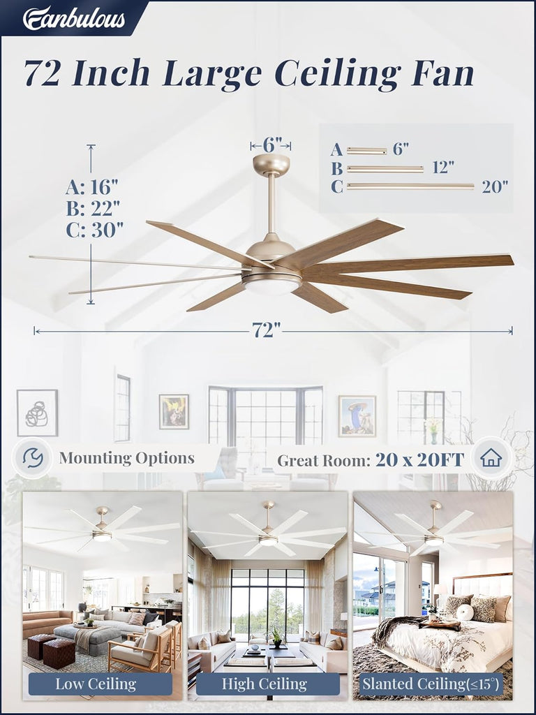 72" Ceiling Fan with LED Light and Remote - Champagne Gold