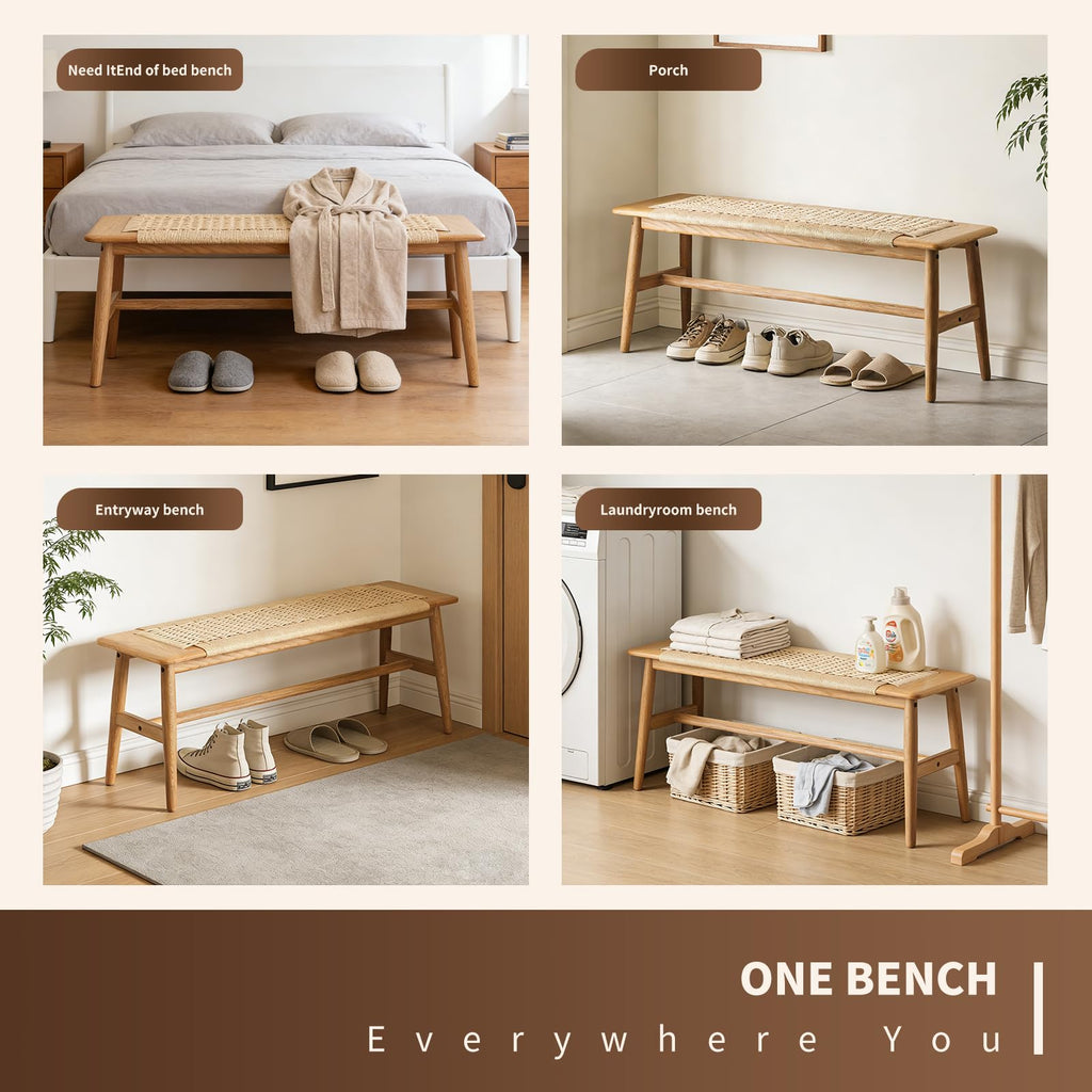 47 Inch Dining Bench, Solid Oak with Rattan Seat