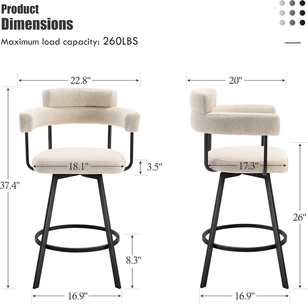 Swivel Bar Stools with Backs and Arms, Modern Bar Stools Set of 2 Island, 26" Upholstered Linen Counter Height Bar