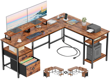 66'' L Shaped Desk with Power Outlet and 2 Drawers, Rustic Brown