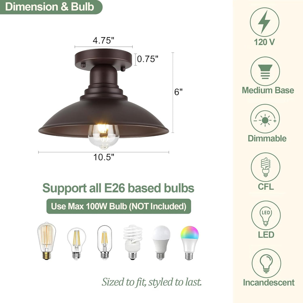 10.5" Oil Rubbed Bronze Semi Flush Mount Ceiling Light, Rust-Resistant Powder Coated Metal Barn Fixture for Kitchen