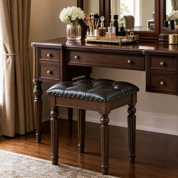 Black Faux Leather Vanity Stool, Backless, Victorian Style