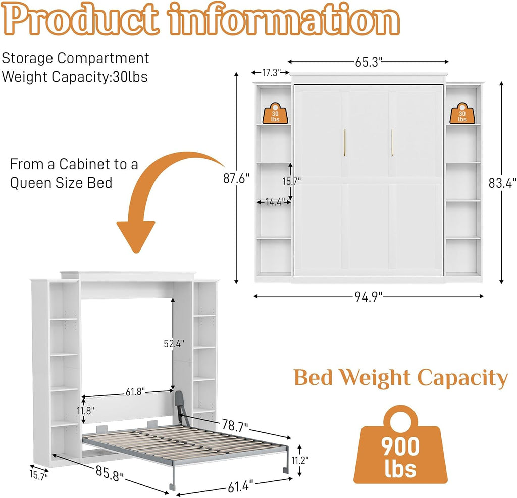 Queen Murphy Bed Cabinet with 5-Tier Adjustable Storage Shelves, Wood Queen Wall Bed Cabinet Bed, Space Saving Beds