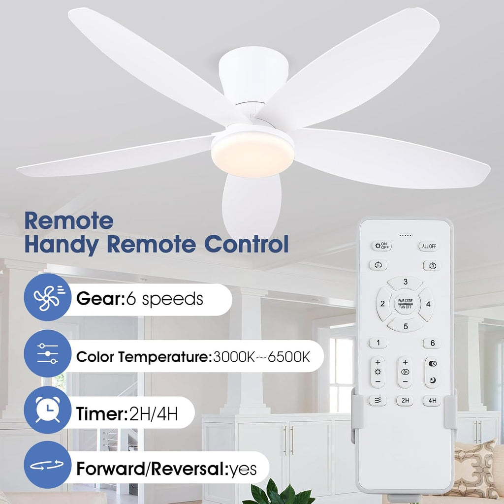 42" Ceiling Fans with Lights-Low Profile Ceiling Fan with Light and Remote/APP Control,Flush Mount,DC Reversible,LED Dimmable Modern Ceiling Fans for Bedroom,Indoor/Outdoor Patio Use(White)