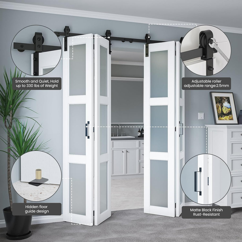 60" x 84" Bifold Sliding Barn Door with Hardware Kit Included, Pre-Assembled Glass Barn Doors with W