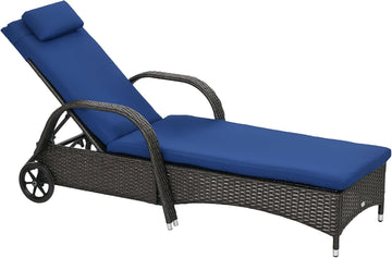 Wicker Outdoor Chaise Lounge Set of 2 Brown & Dark Blue | 5-Level Adjustable Backrest, PE Rattan, Pool Lounge Chair