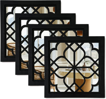 Set of 4 Wooden Rustic Square Wall Mirror Vintage Style Decorative Entry Mirror Farmhouse Wall Decoration Bedroom