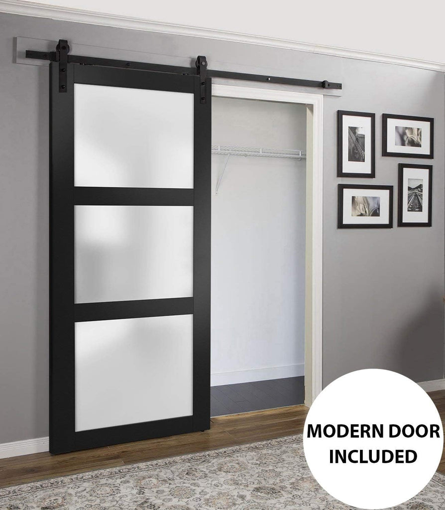 Lucia 2552 | Interior Single Sliding barn Door with Frosted Glass, Solid Wood, 32x84, Black, Modern Style | Hardware