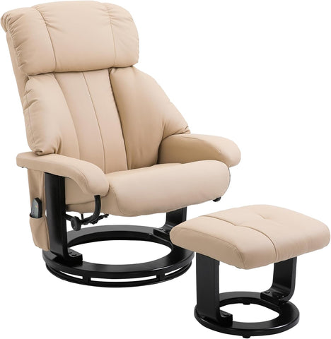 Modern Reclining Swivel Lounge Chair and Ottoman — Beige PU Leather