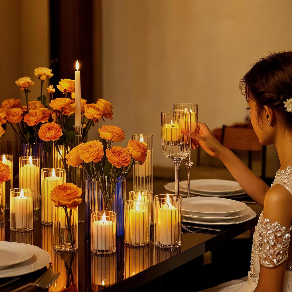 6 Pcs Glass Hurricane Candle Holder Ribbed Glass Candle Holder - Elegant & Easy to Use, Perfect for Wedding, Holiday