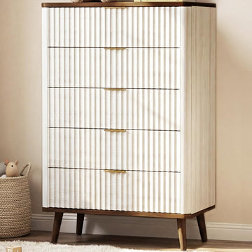 Fluted Wood 5 Drawer Dresser: 45.5" Tall Chest of Drawers, Mid Century Modern Storage Cabinet Nursery, Large Vertical