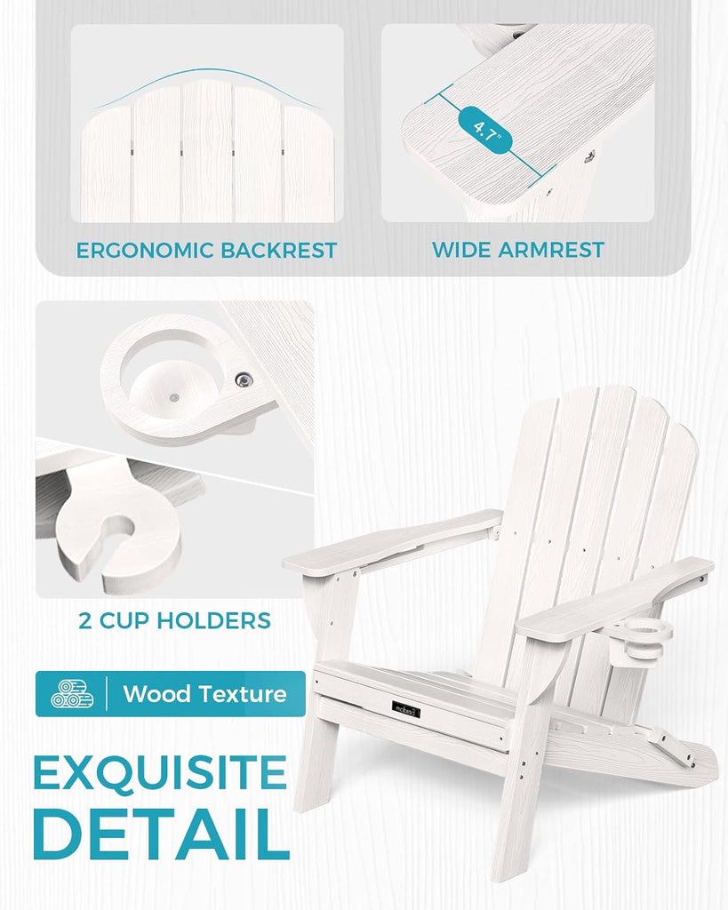 Folding Adirondack Chairs Set of 2, HDPE Outdoor Chair with 2 Cup Holders | All-weather, Wooden Texture, Oversized
