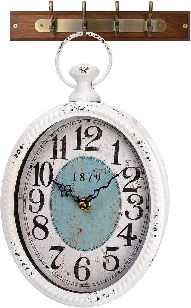Oval Retro Wall Clock, Rustic Silent Clocks, Elegant Vintage Style, White Antique Design