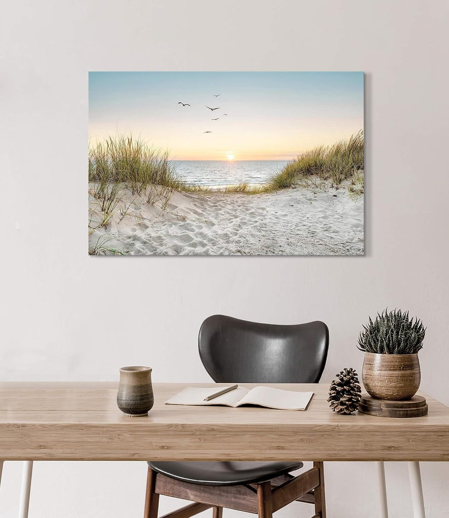Coastal Wall Art Canvas Picture: Modern Beach Sunset Landscape Print Decor Horizontal Ocean Scene Sea Painting