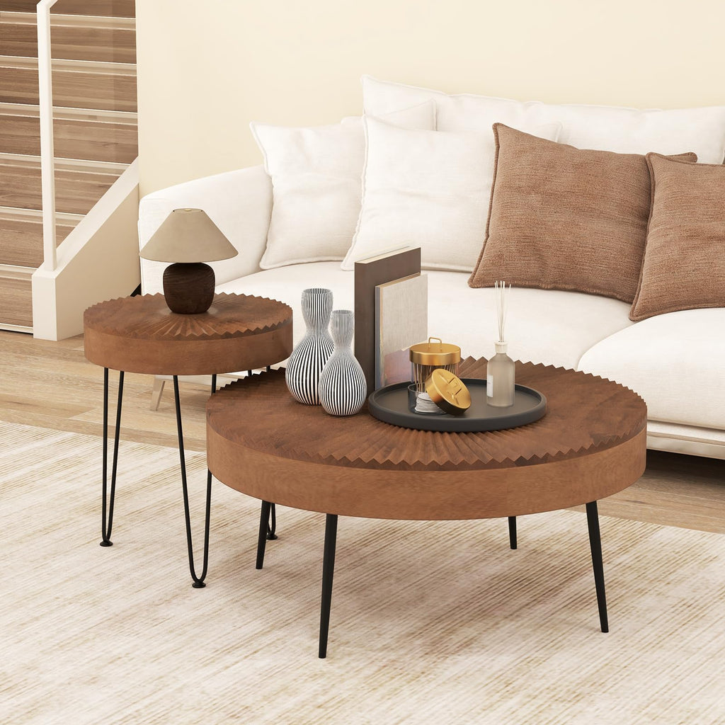 Boho Round Coffee Set of 2, Sofa Side Nesting with Solid Pine Wood Top, Metal Legs & Adjustable Foot Pads, 31.5" D