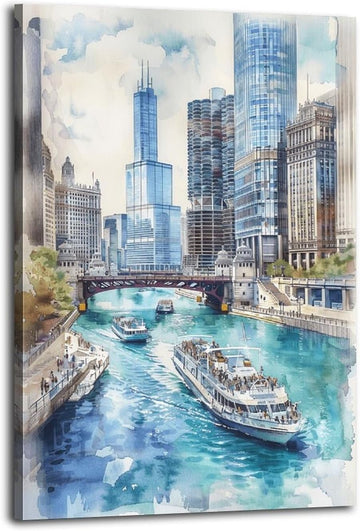 Watercolor Painting Chicago City Art Watercolor Landscape Chicago Skyline Print Urban Wall Decor Canvas Wall Art