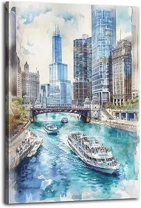 Watercolor Painting Chicago City Art Watercolor Landscape Chicago Skyline Print Urban Wall Decor Canvas Wall Art