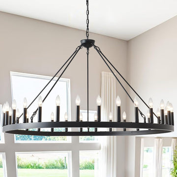 Inspired Camino Style Chandelier - 53 Inch Large Black Wagon Wheel Chandelier 30-Light Farmhouse Wagon Wheel Chandeliers Round Industrial Ceiling Light fixtures for Outdoor Porch high Ceilings Living Dining Room Foyer Entryway