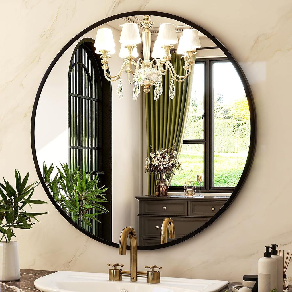 Round Mirror 30 Black Wall Mounted Circle Mirrors Vanity Mirror with Brushed Aluminum Alloy Frame Modern Decoration
