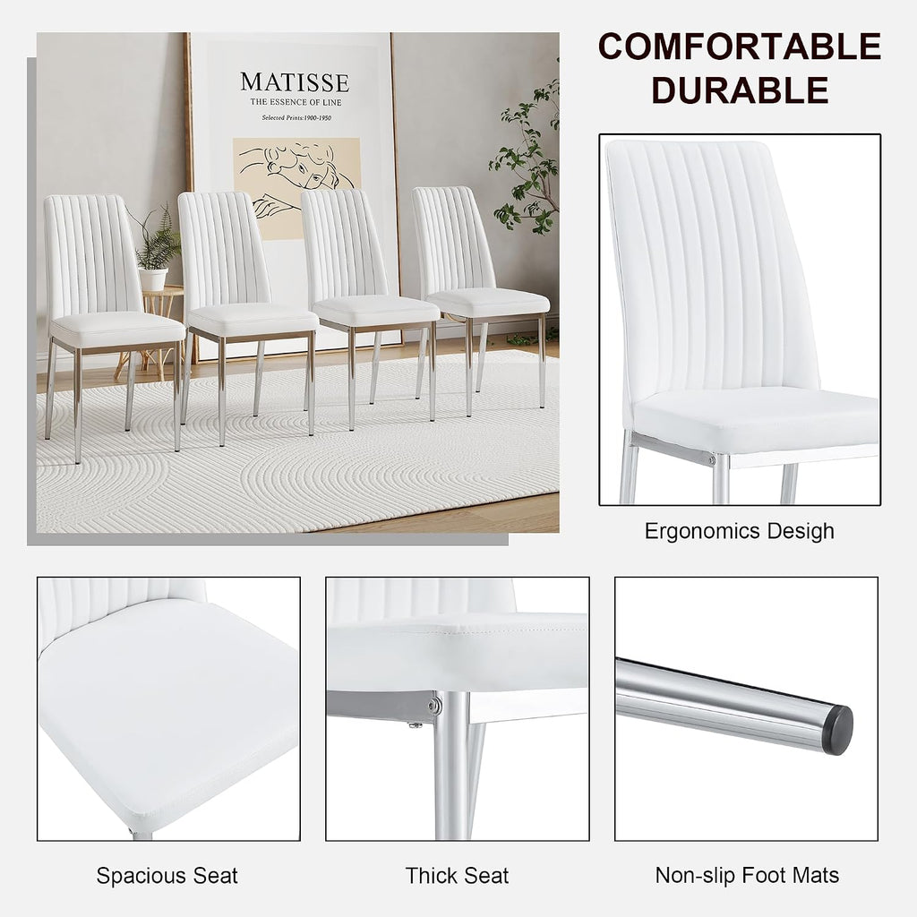 White Leather Chair, Modern Dining Chair Set of 4 with PU Leather and Chrome Leg, Sillas de Comedor with High Back