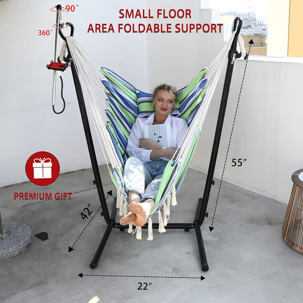 Hammock Chair with Stand Double Hammock Chair Bohemian Style with Tassel Mobile Phone Support Manual Adjustable Swing