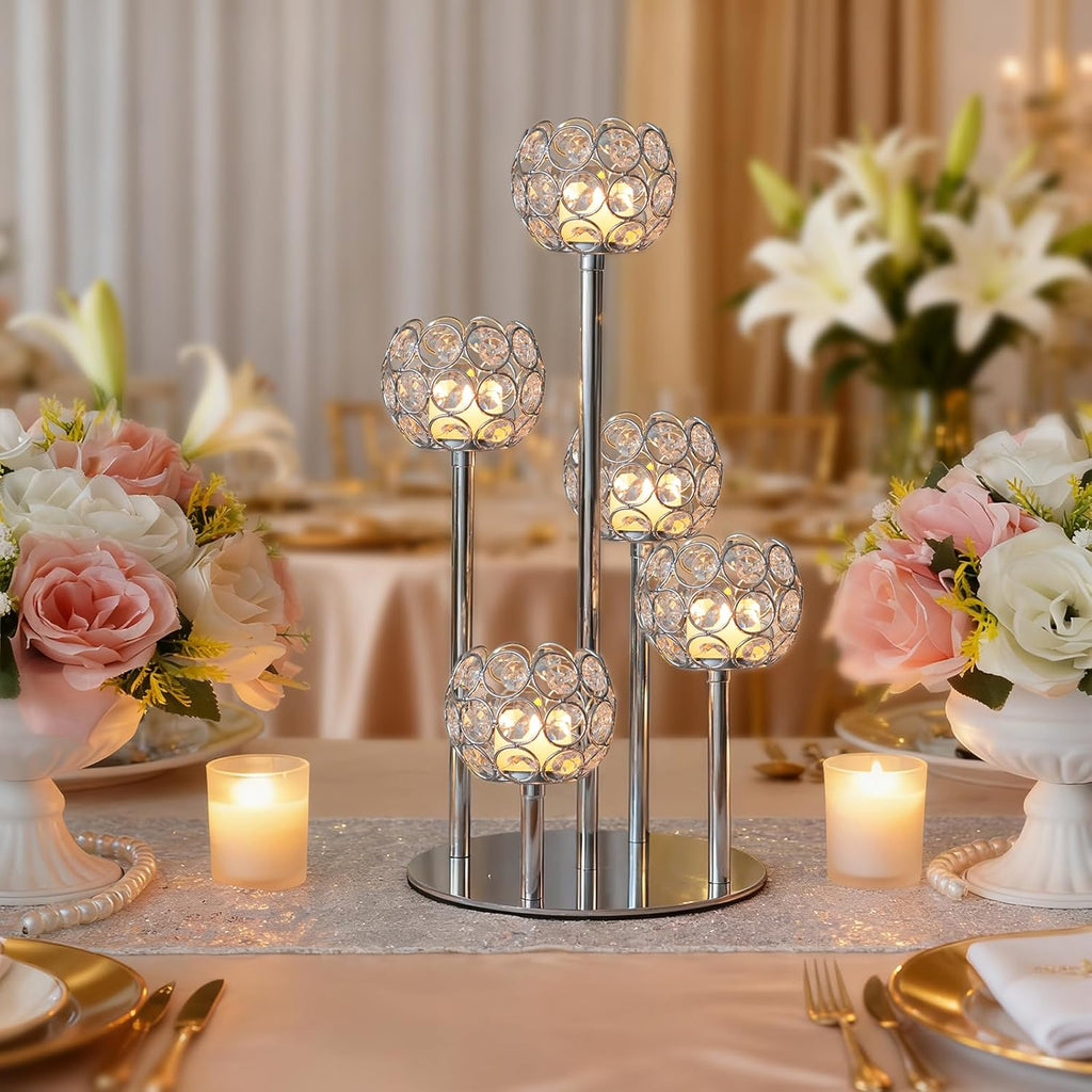 5-Arm Crystal Tealight Candelabra Centerpiece, 14.8 Inch Metal Candle Holder for Table Decor, Wedding, Christmas